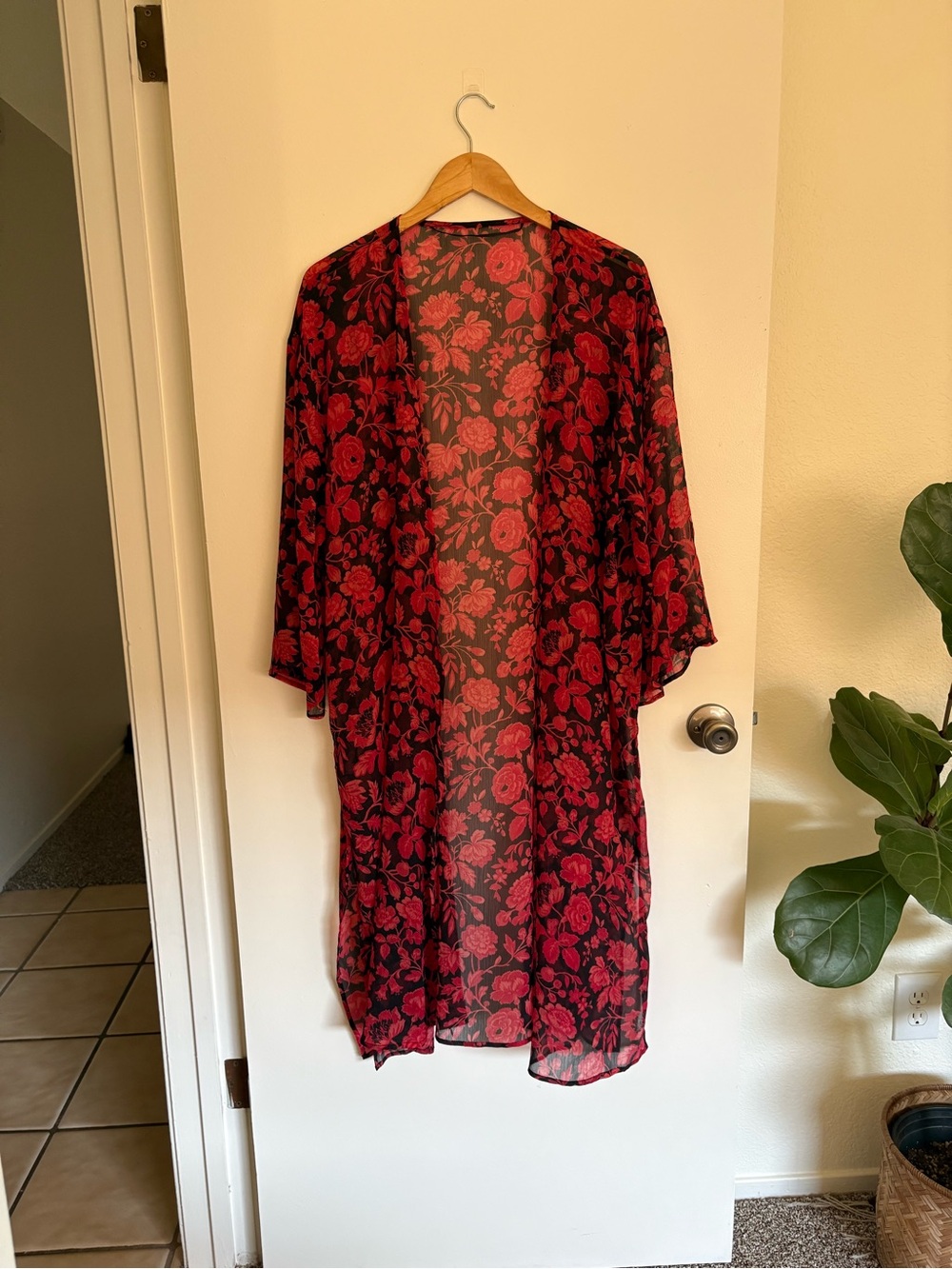 Black and Red Floral Sheer Kimono